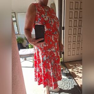 Shelby & Palmer Dress SzXL/XXl Red Tropical Print Midi Fit/Flare Zip Sleeveless